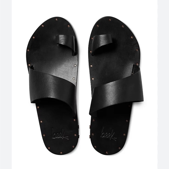 beek Shoes - Beek Finch Handmade Leather Slide Sandals Black Ring Tan Women’s Size 5 NWOT